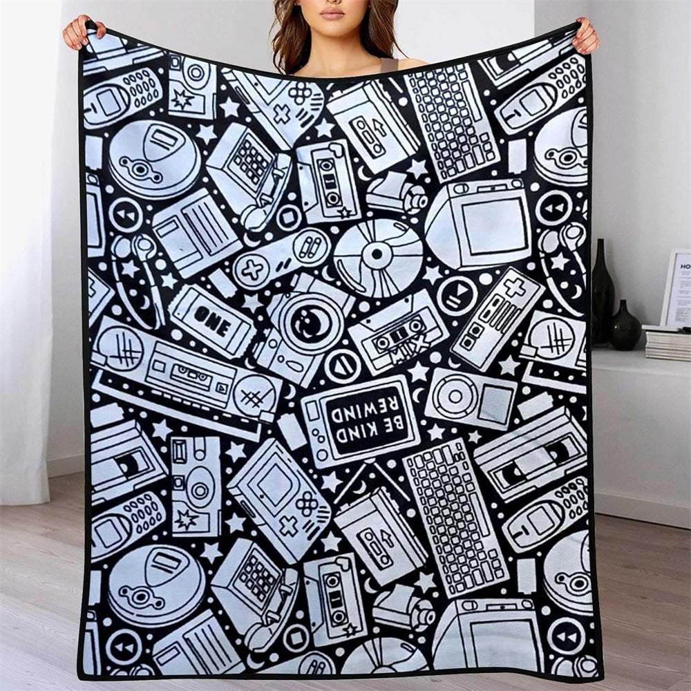 Black and white line-drawn graffiti rug