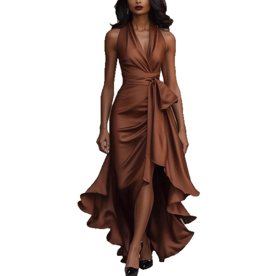 Womens Elegant V-Neck Ruffled Dress
