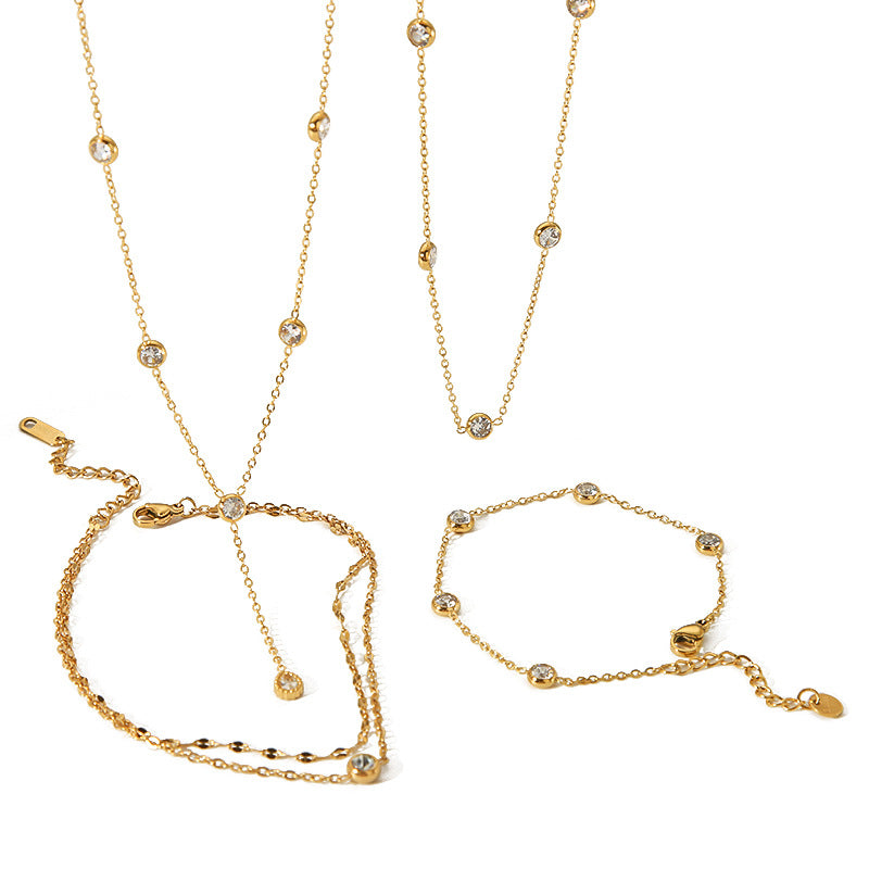 18K gold plated stainless steel diamond-set geometric necklace and bracelet set
