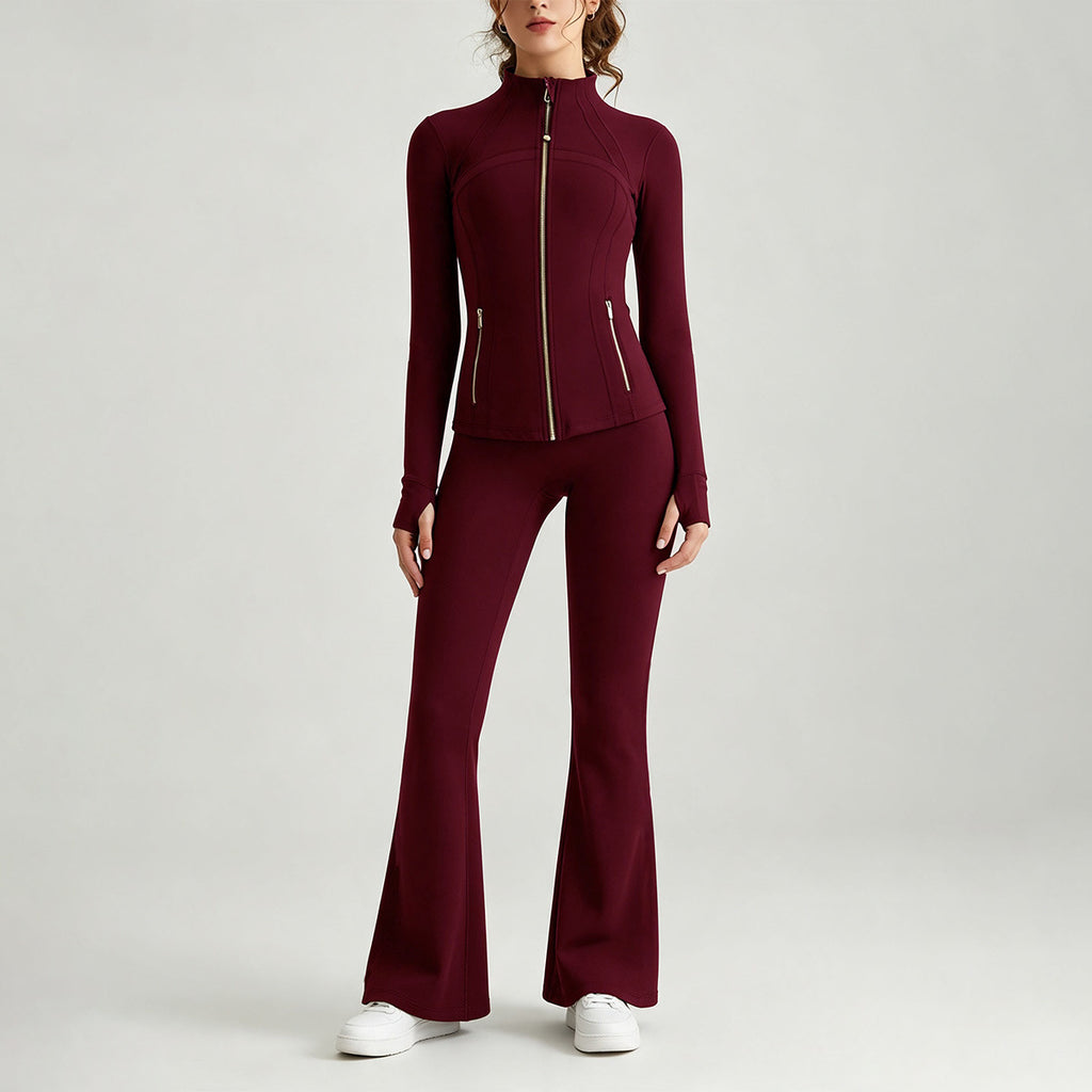 Double-Sided Brushed Yoga Set for Women Stand-Collar Slim-Fit Jacket High-Waist Flared Pants
