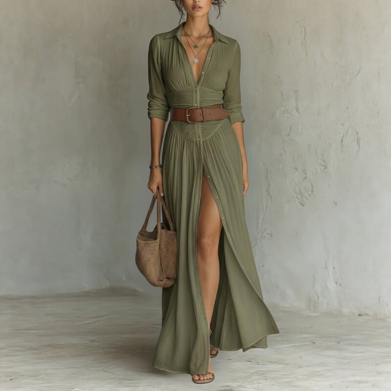 Womens V-Neck Belted Shirt Dress
