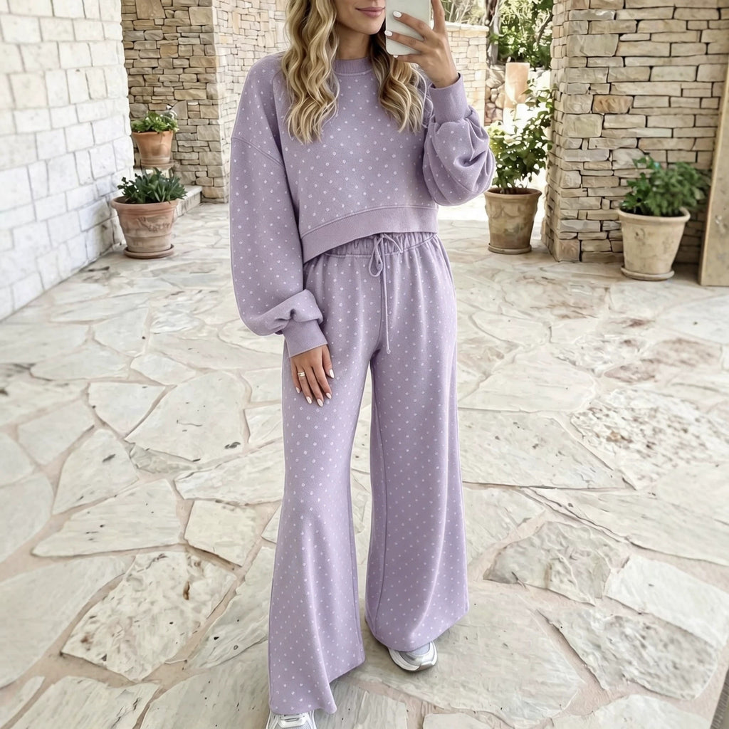Women's High-Waisted Polka Dot Print Knit Sweatshirt and Wide Leg Pants Set