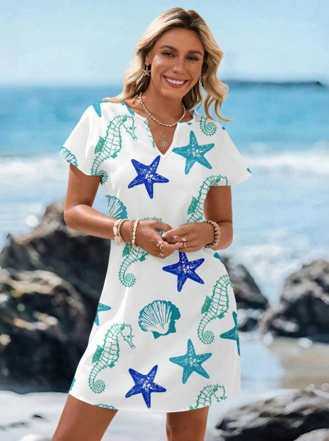 V-Neck Starfish Print Short Sleeve Dress