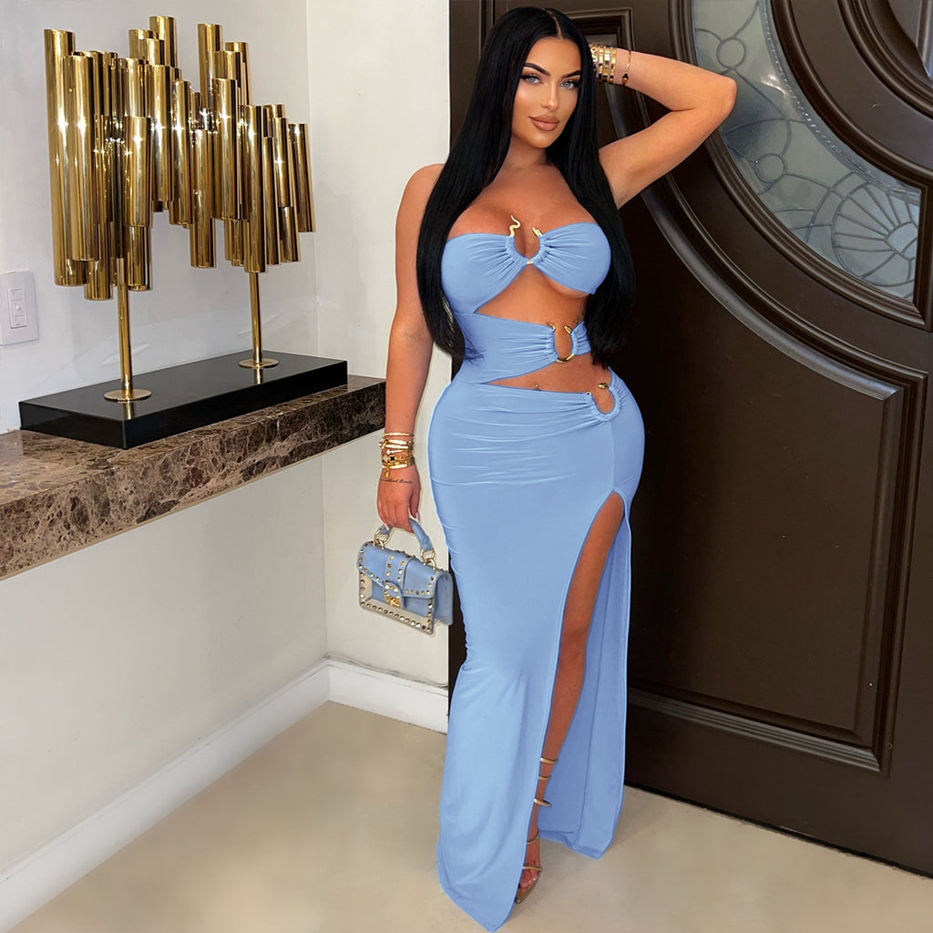 Hollow Metal Ring Bodycon Long Dress