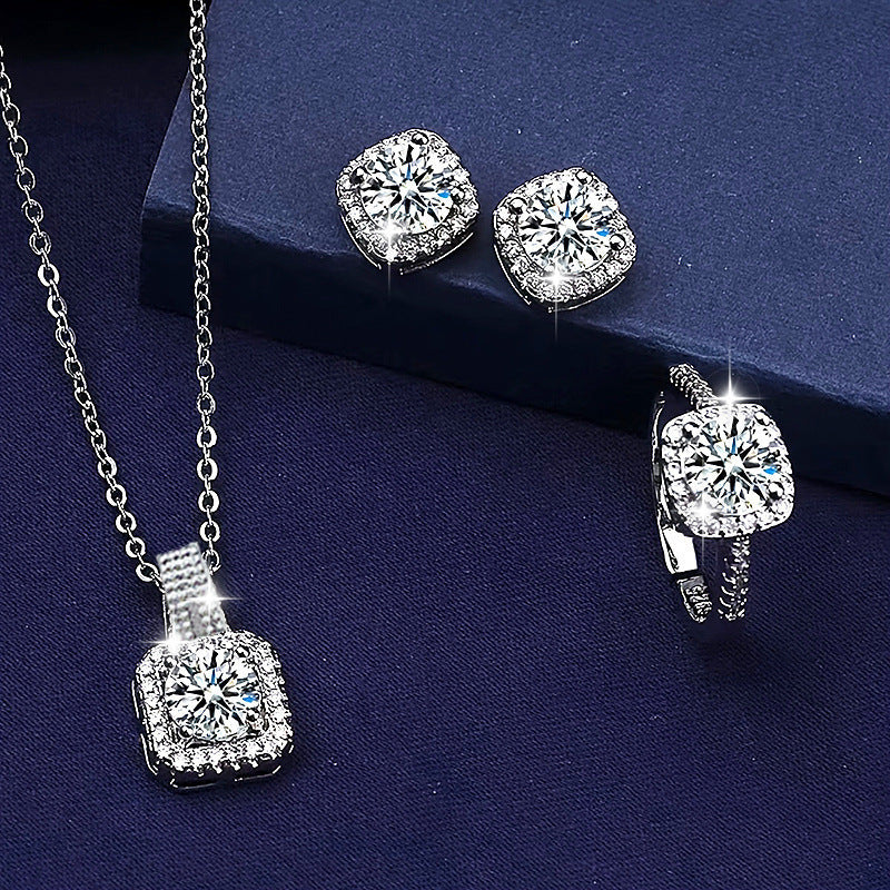 Square Rhinestone Jewelry Set Necklace Ring Earrings