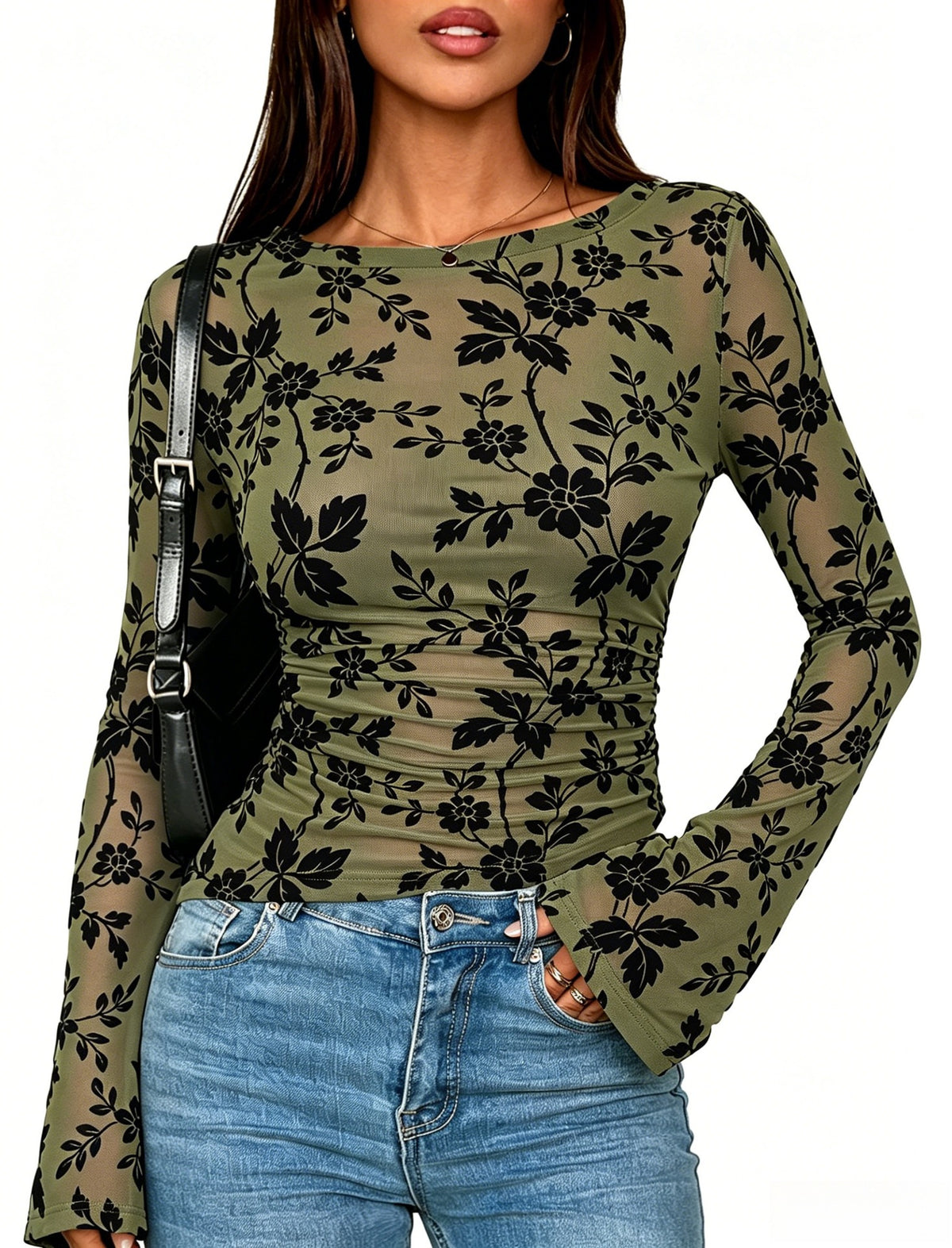 Women's Floral Flocked Mesh Slim Fit Long Sleeve T-Shirt