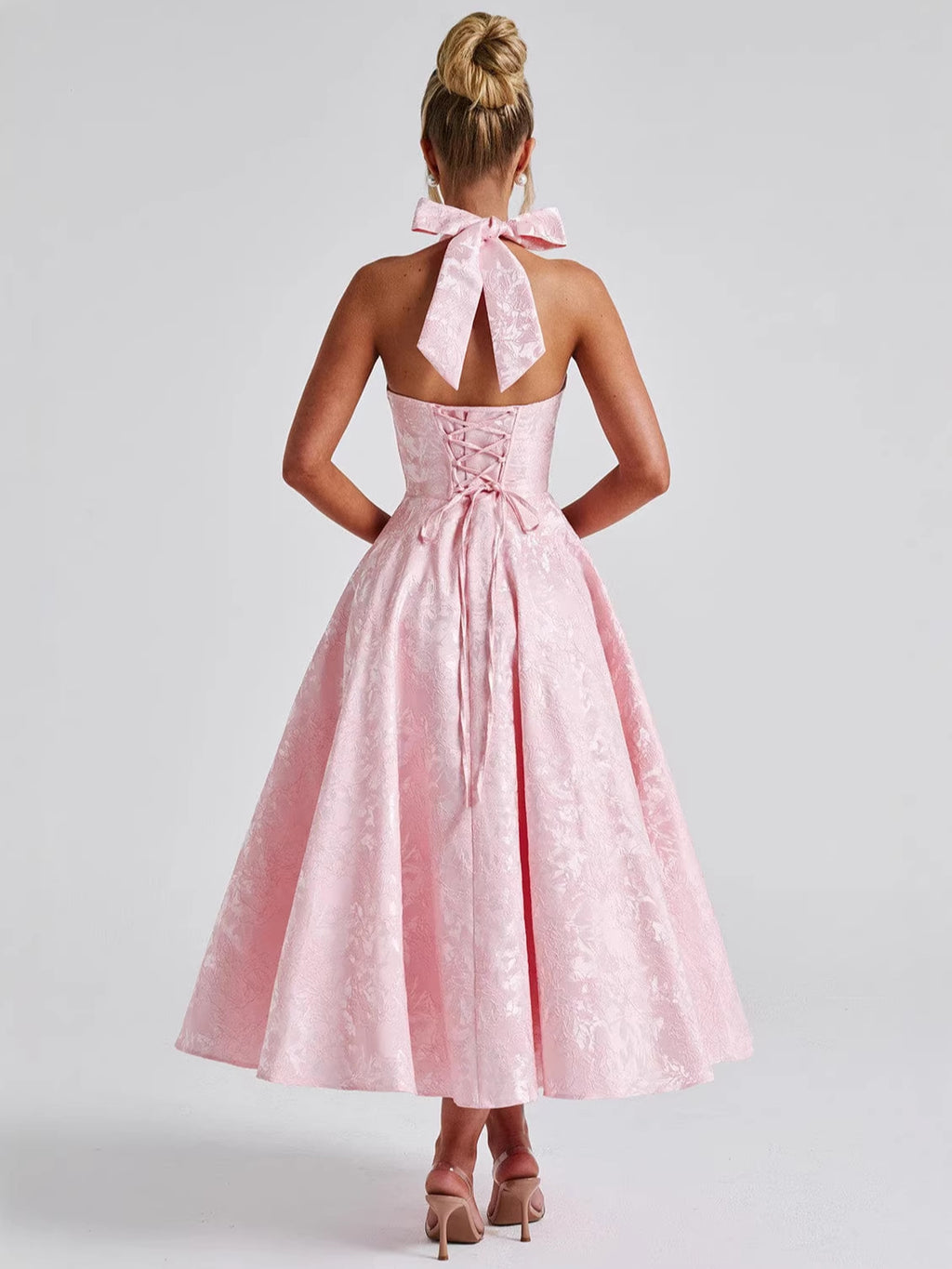 V-Neck Halter Jacquard Evening Dress