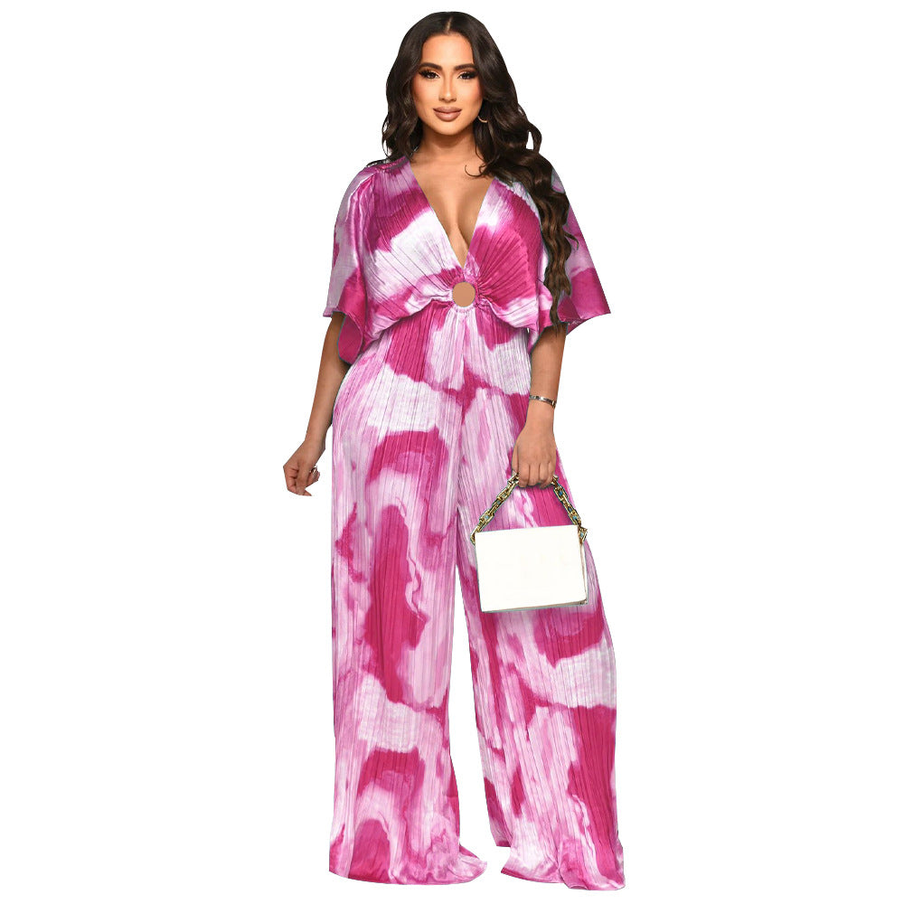 V-Neck Pleated Printed Casual Jumpsuit