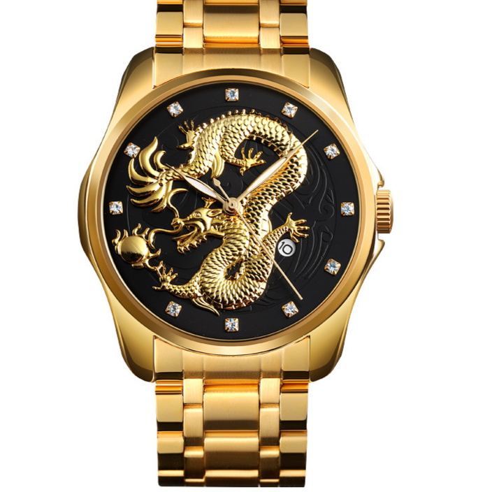 Mens Dragon Embossed Quartz Calendar Watch