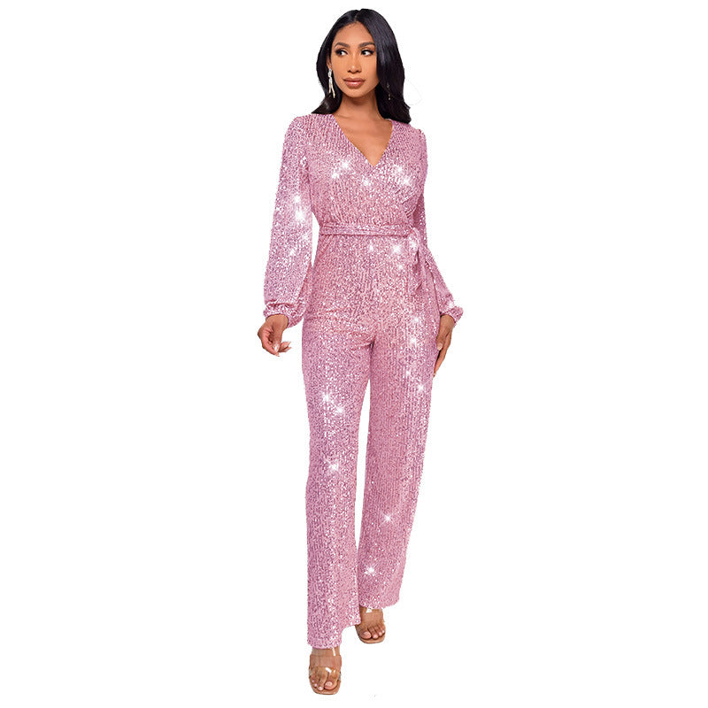 Women's Long Sleeve Deep V Neck Jumpsuit with Sequined Belt