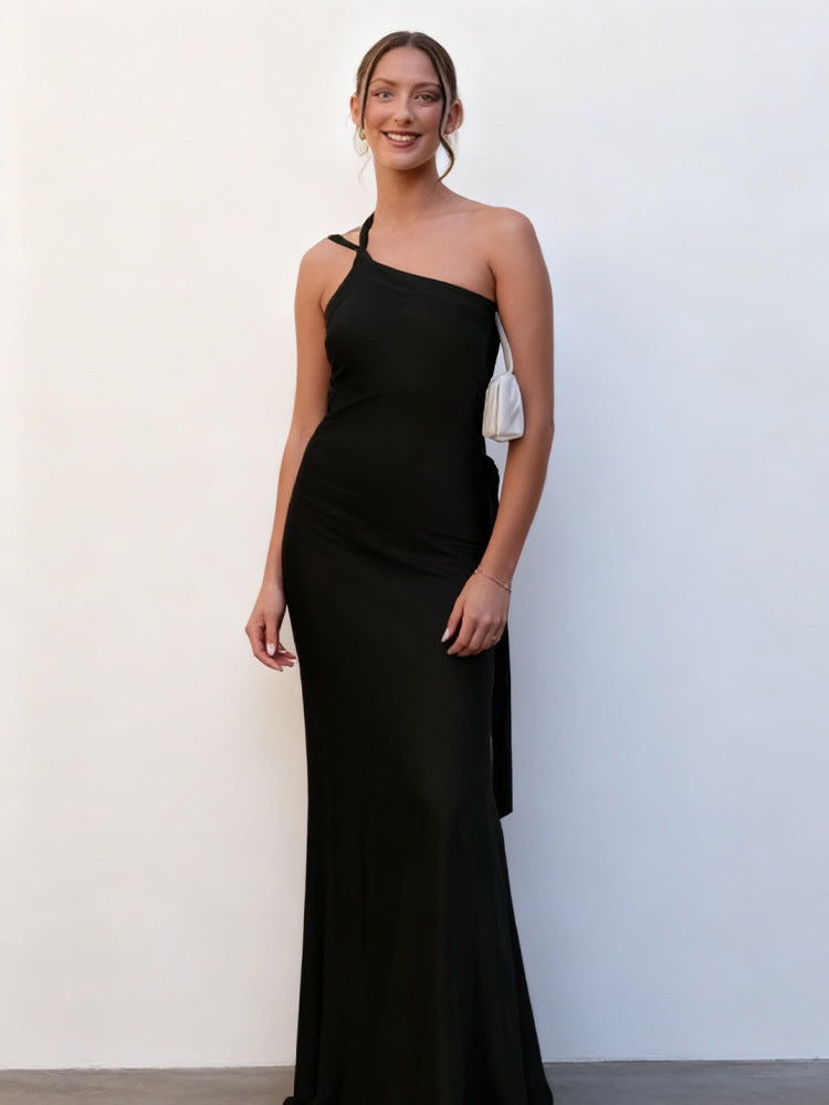 Sleeveless Slope Collar Backless Long Dress