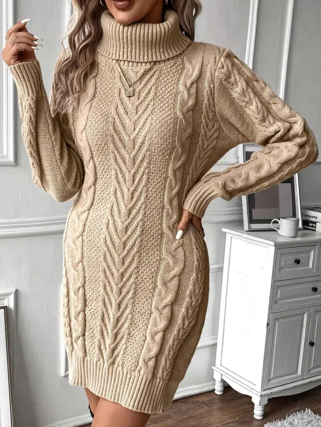 Women's Elegant Twist Knit High Neck Long Sleeve Bodycon Sweater Dress