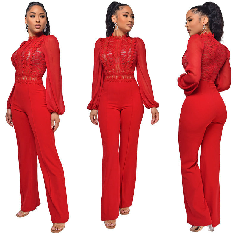 Women's High Collar Lace Chiffon Jumpsuit