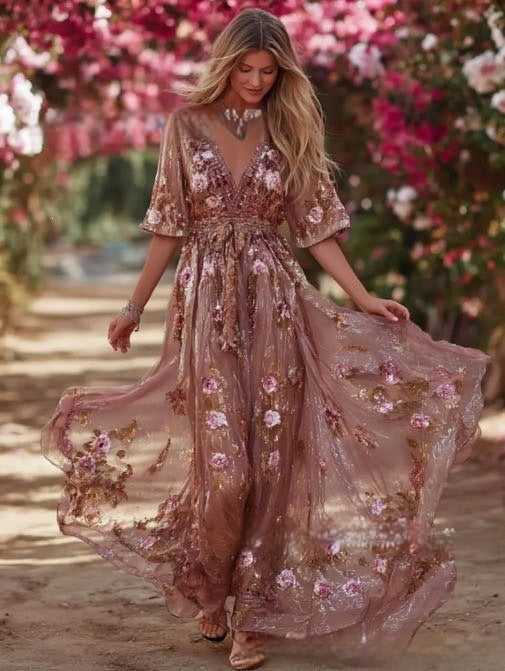Women's Floral Print Deep V-Neck Sleeveless Slim Fit Midi Dress