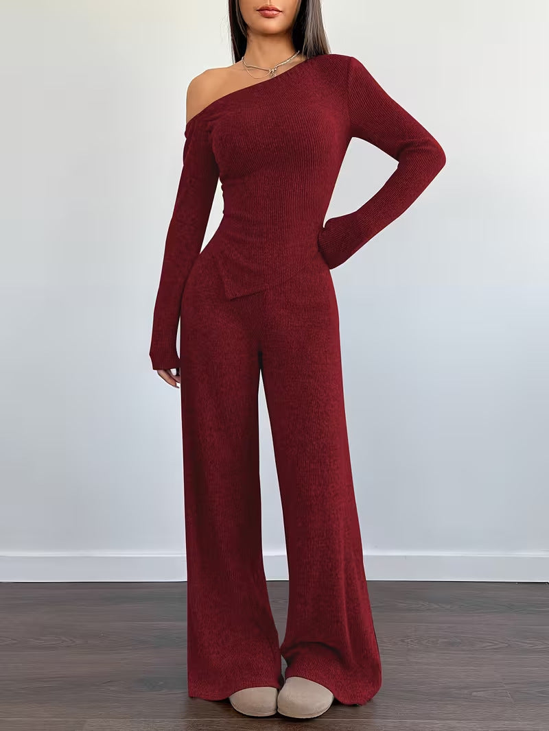 Women One Shoulder Knitted Top and Pants