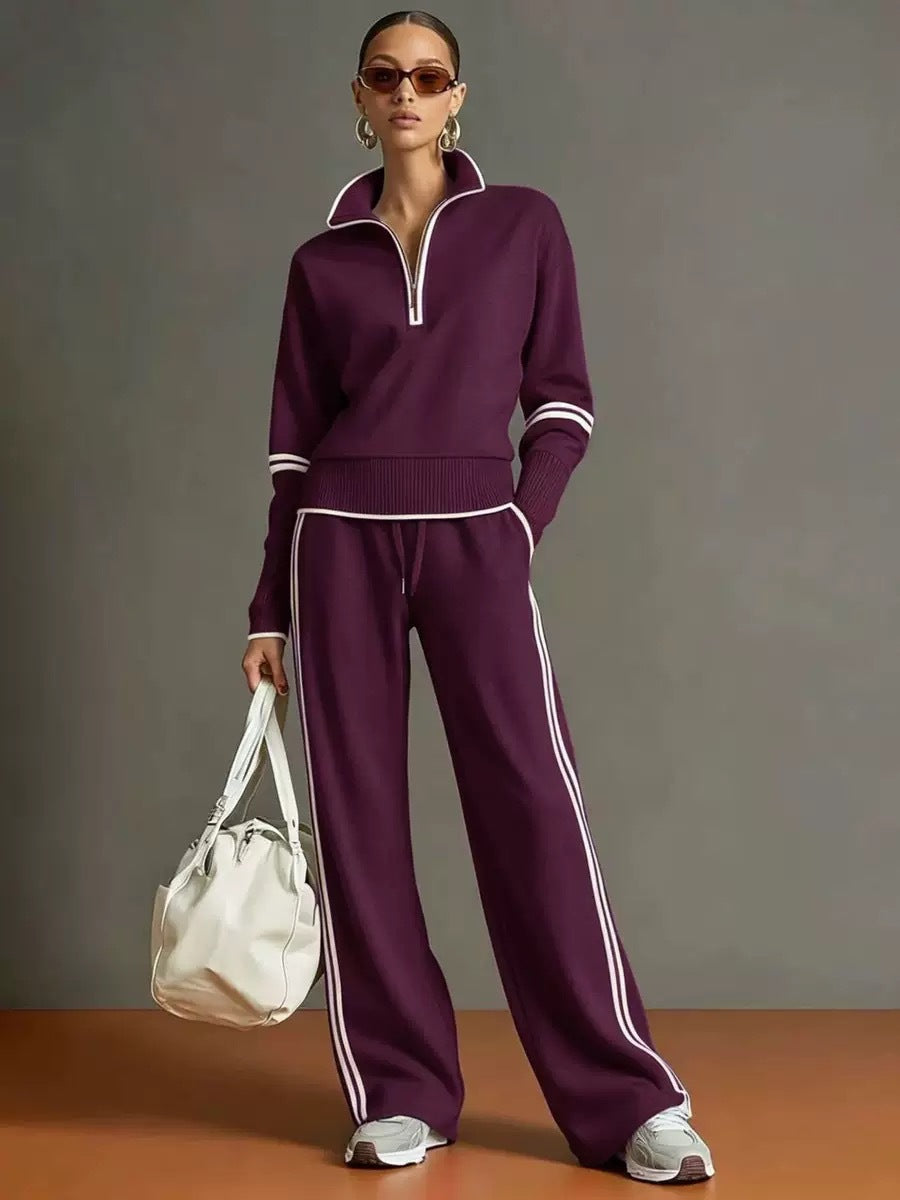 Women's Half Zip Knit Set with Wide Leg Pants