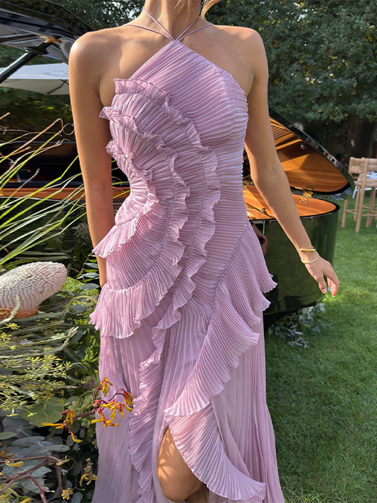 Multi-Layered Ruffle Halter Neck Dress