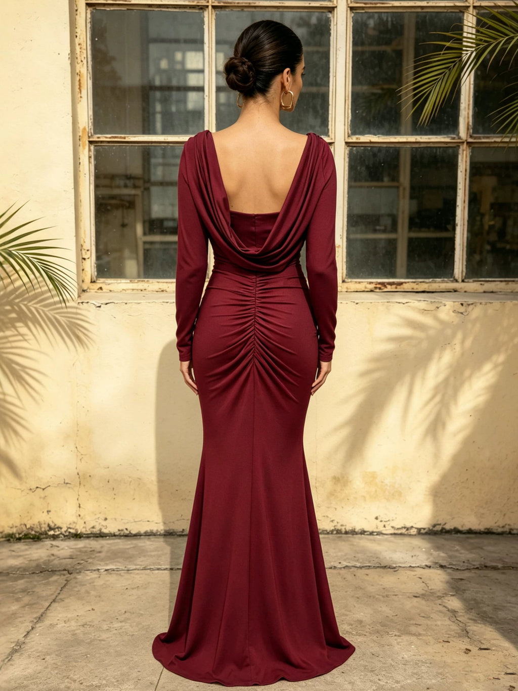 Womens Long Sleeve Backless Plunging Knit Dress