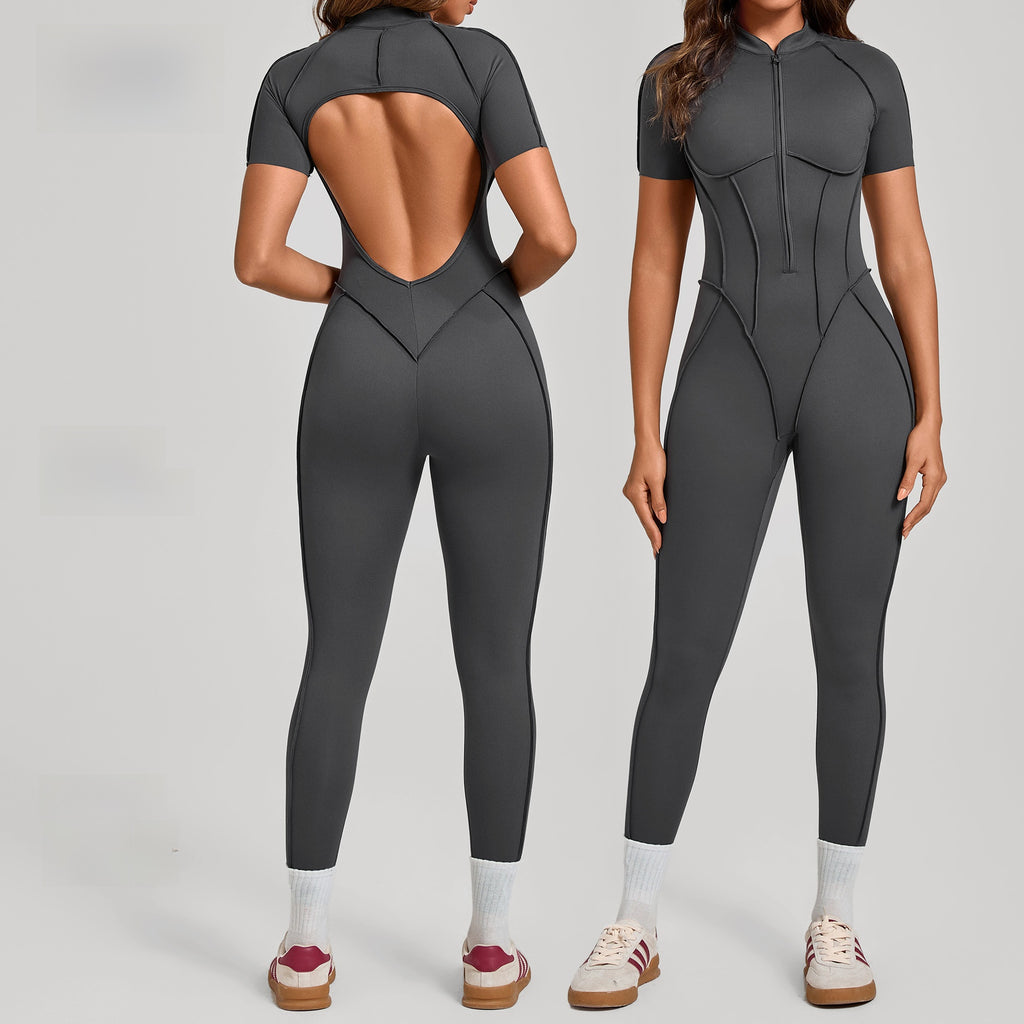 Stand-Up Collar Half-Zip Short-Sleeve Jumpsuit