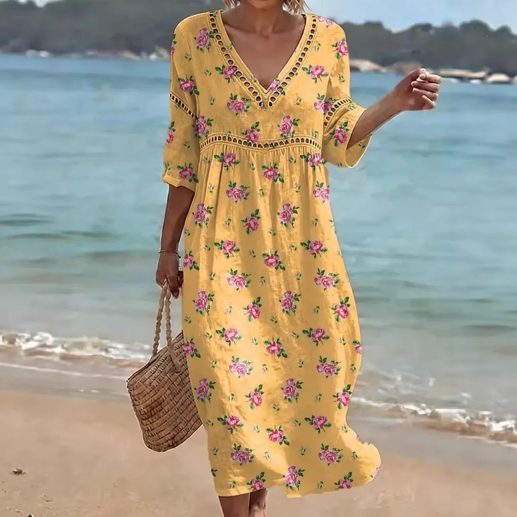 Womens V-Neck 3D Digital Print A-Line Midi Dress