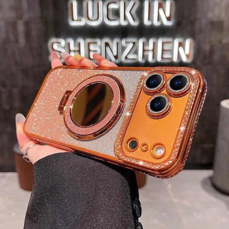 Glitter Magnetic Stand Mirror Phone Case for iPhone 11 12 13 14 15 16 17 18 Pro Max Plus
