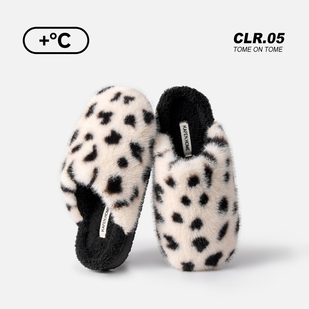 Women Winter Warm Fleece Lined Leopard Print Plush Closed Toe Non Slip House Slippers