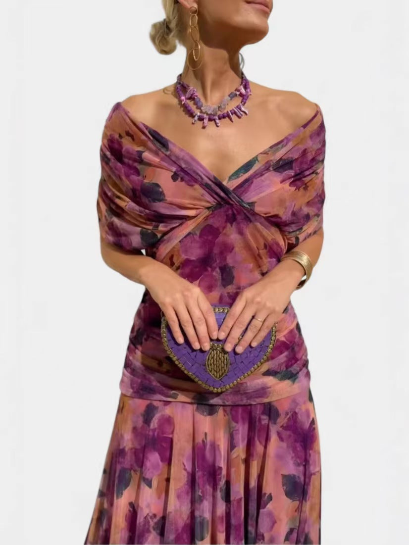 Floral Print V-neck Mesh Dress
