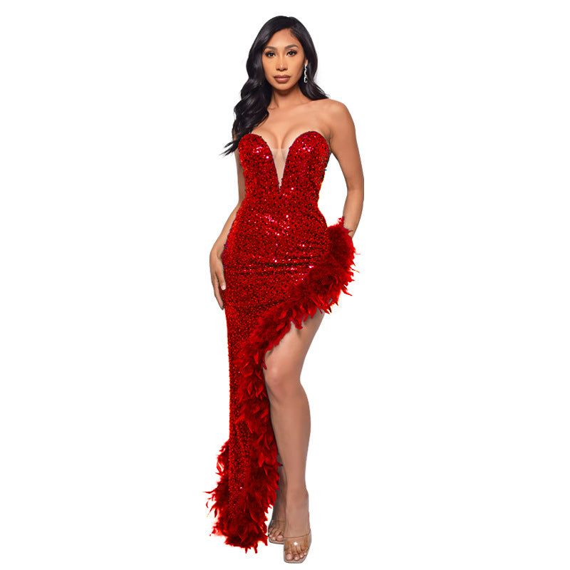 Sequin Feather Backless Long Dress