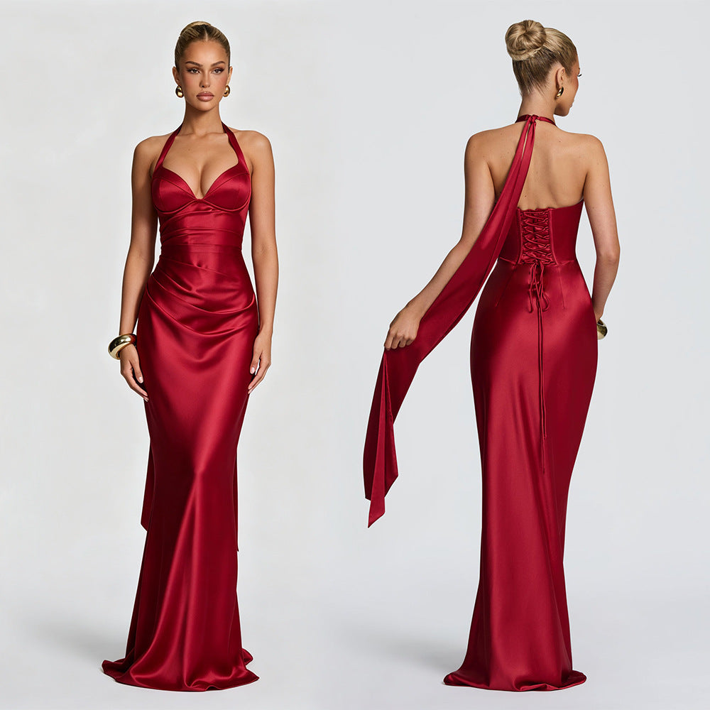 Fashion Elegant Satin Halter Neck Ribbon Backless Cross-Tie Floor-Length Fishtail Gown Dress