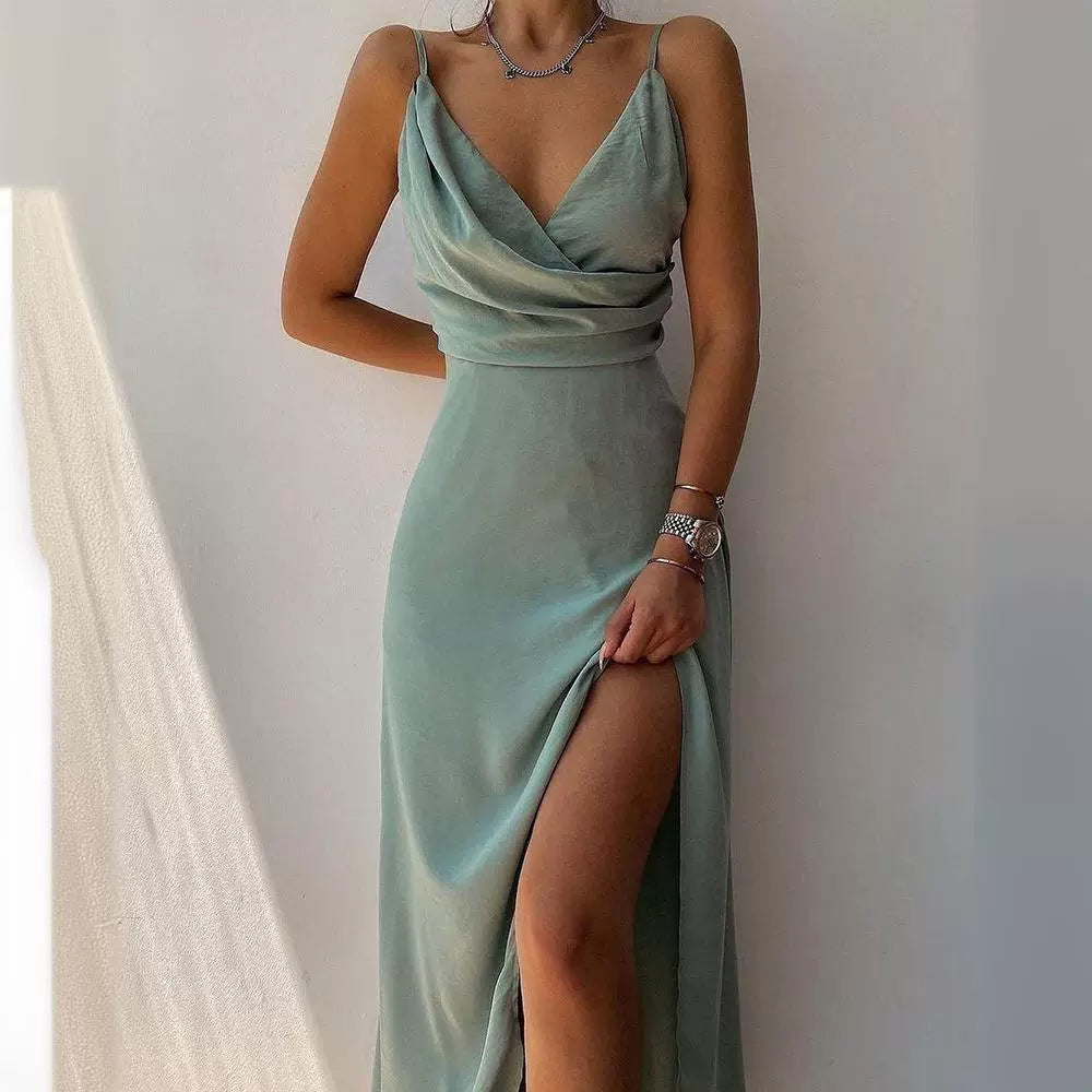 Womens V-Neck Suspender Slit Dress