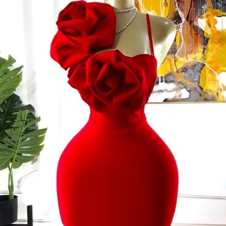 Three-dimensional rose sleeveless strap tube top elegant dress