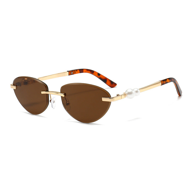 Frameless Cat Eye Sunglasses with Pearl Decor