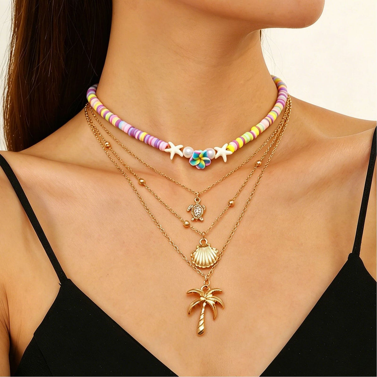 Layered Shell Pearl Starfish Pendant Bohemian Necklace