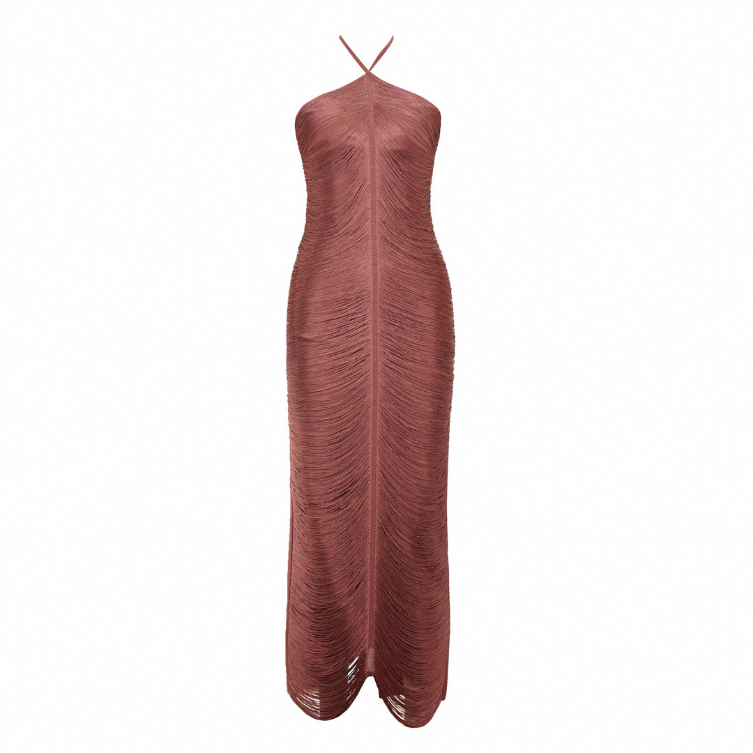 Sleeveless Halter Neck Tassel Long Dress