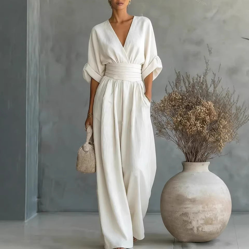Elegant V Neck Waist Cinching Women Jumpsuit