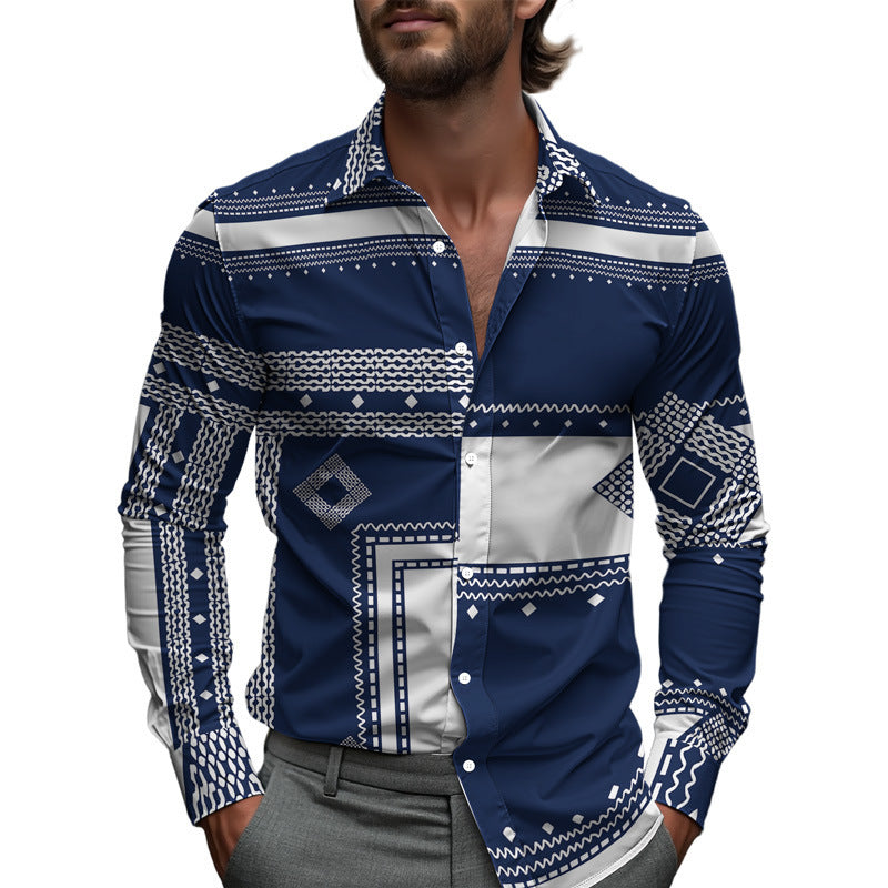 Men Printed Long Sleeve Casual Shirt Lapel Collar