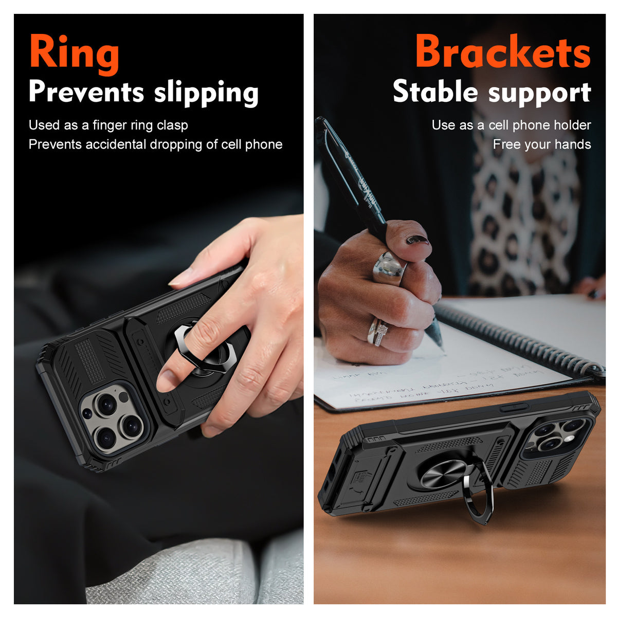 Magnetic Phone Case with Hidden Ring Holder and Card Slot