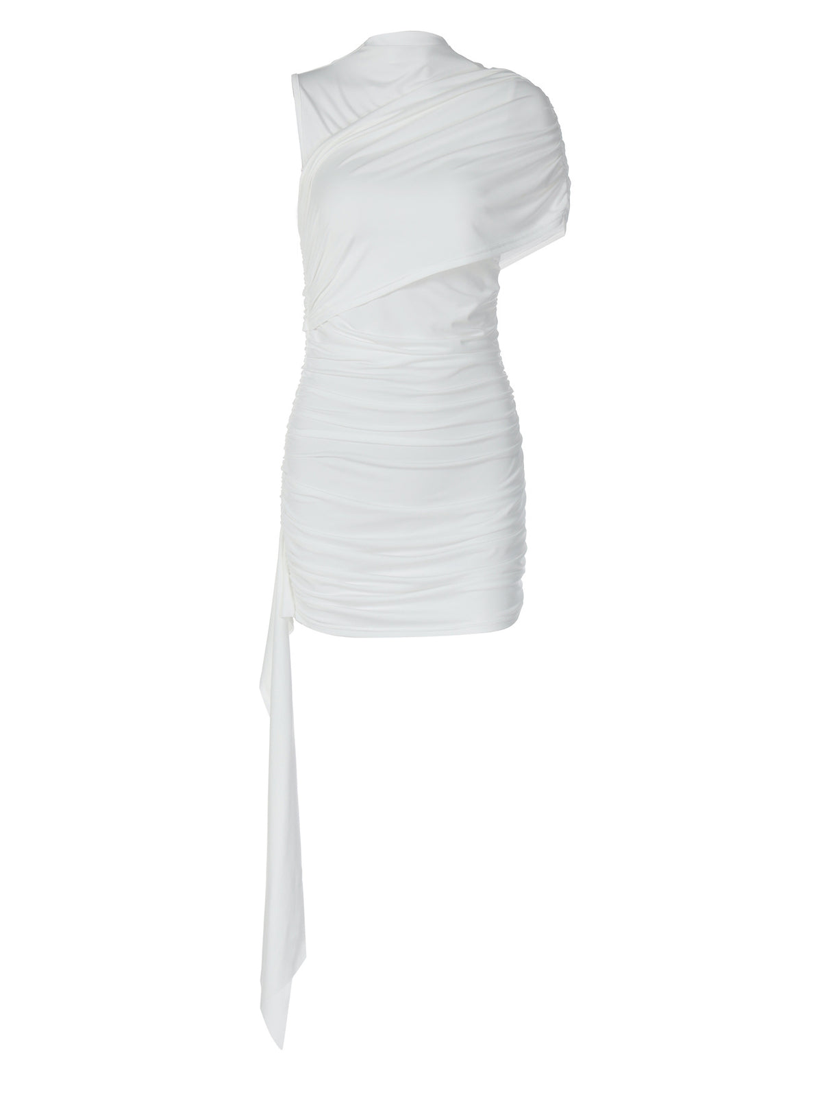Pure Color Pure Desire High-End Slant Collar Pleated Sleeves Spliced ??Ribbon Dress