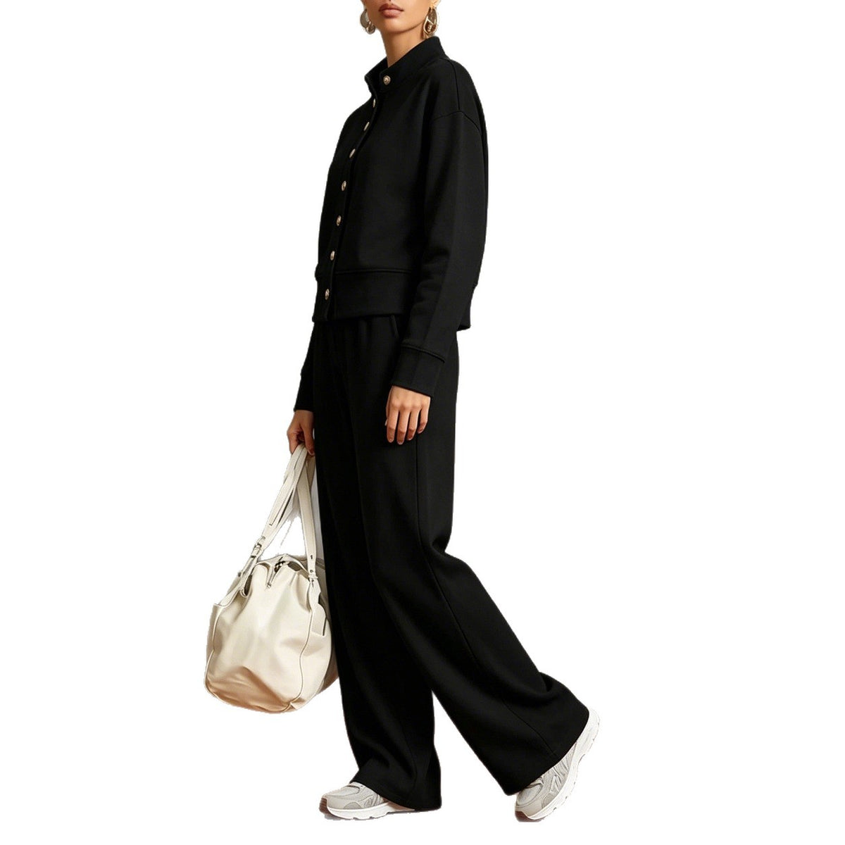 Women's Solid Color Stand Collar Sweatshirt and Wide Leg Pants Casual Two Piece Set