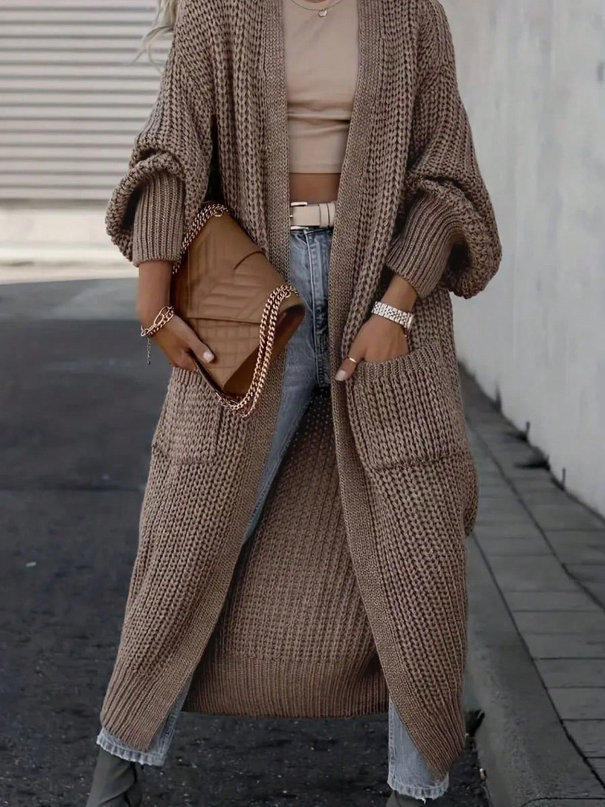 Long Loose Knit Cardigan with Bell Sleeves