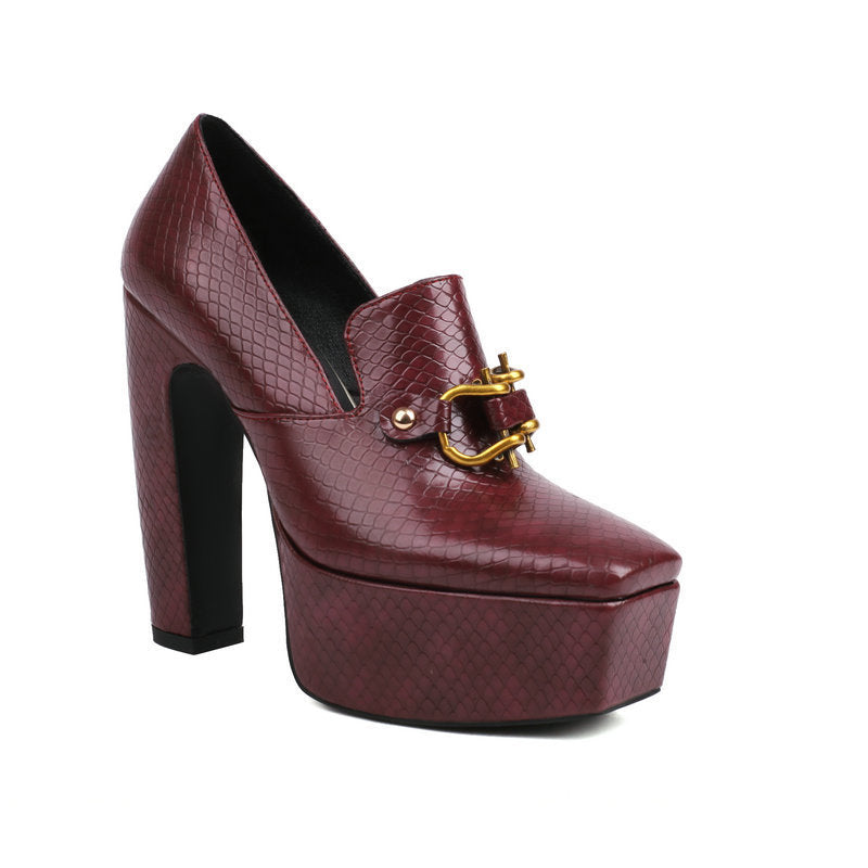 High Heels, Snake Print Square Toe, Thick Sole, Chunky Heel Women's Shoes