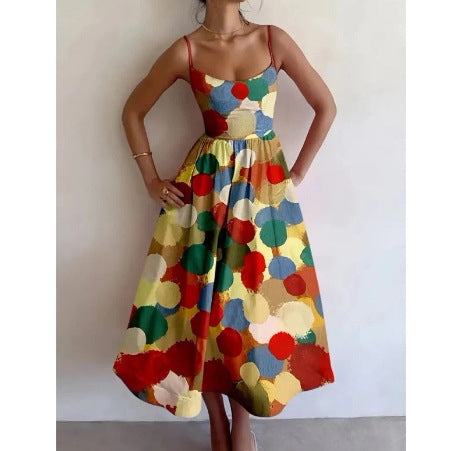 Womens Sleeveless Floral Print Shirt Collar Dress Long Dress