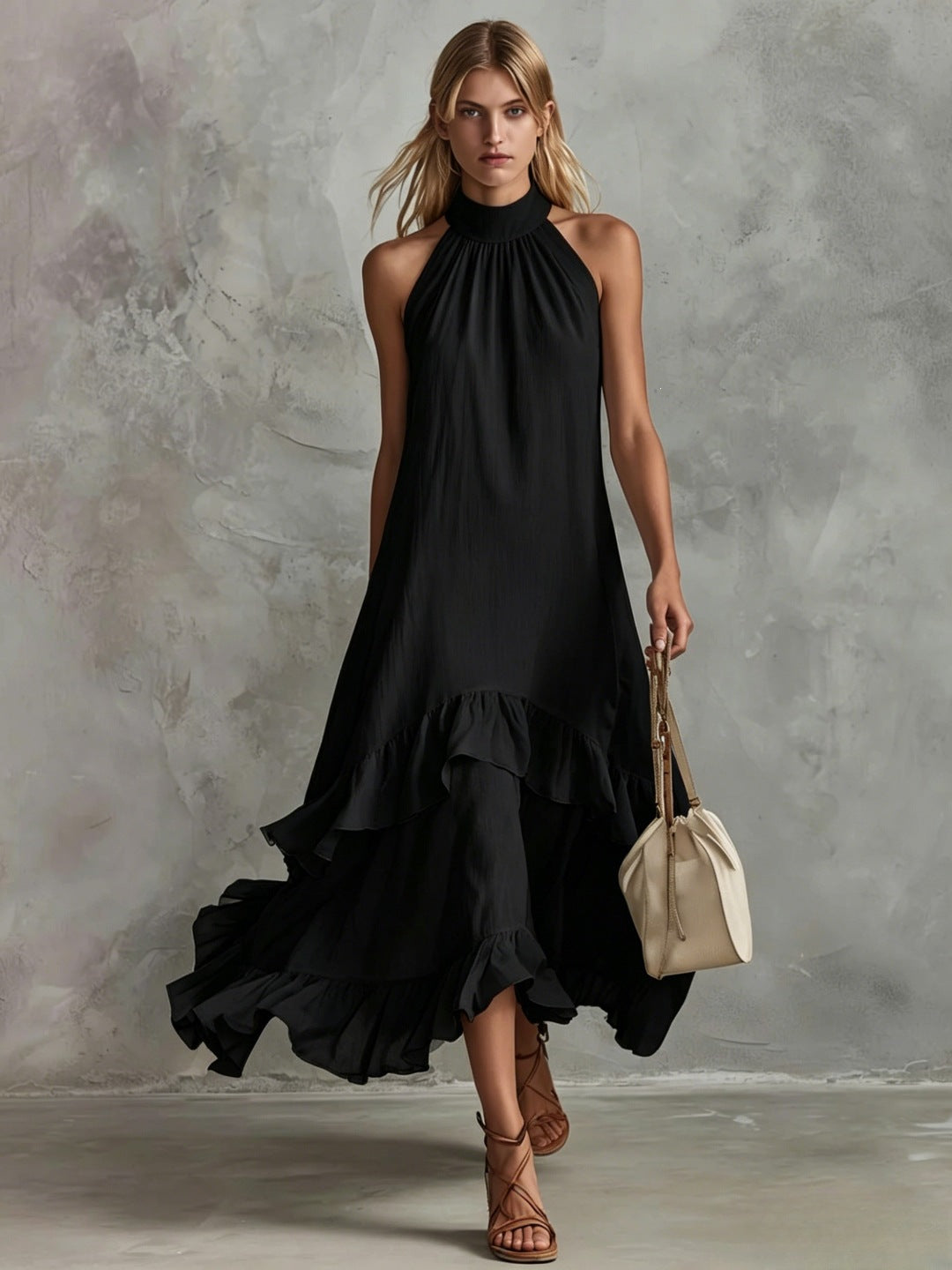 Women's Sleeveless Halter Ruffle Hem Mid-Length Summer Dress