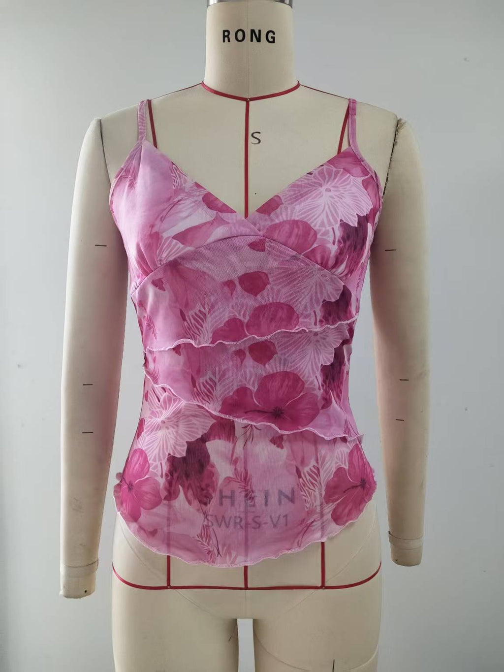 Retro Print Contrast Mesh Splicing Slim Fit Crop Camisole