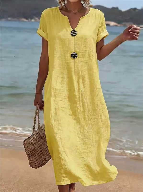 A casual solid-color cotton and linen dress for ladies