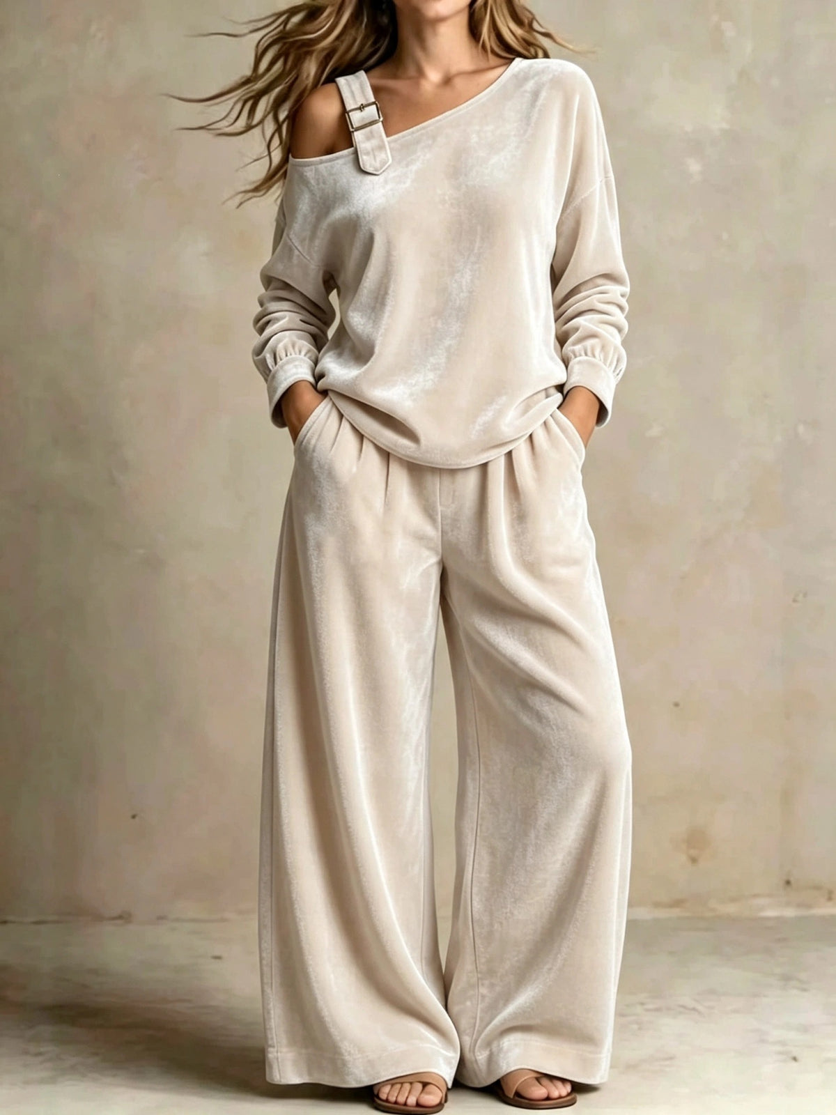 Women's Velvet One-Shoulder Long Sleeve Two-Piece Casual Pantsuit Set