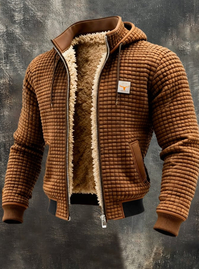 Men's Fleece-Lined Hooded Jacket Winter Thickened Warm Digital Print Zipper Coat