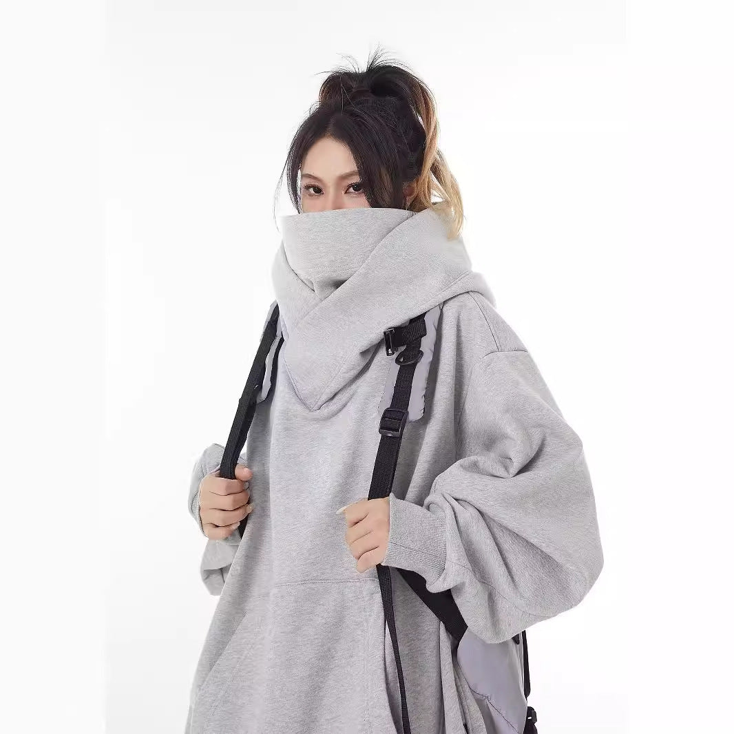 Coat with high collar, hood and fleece-lined sweater