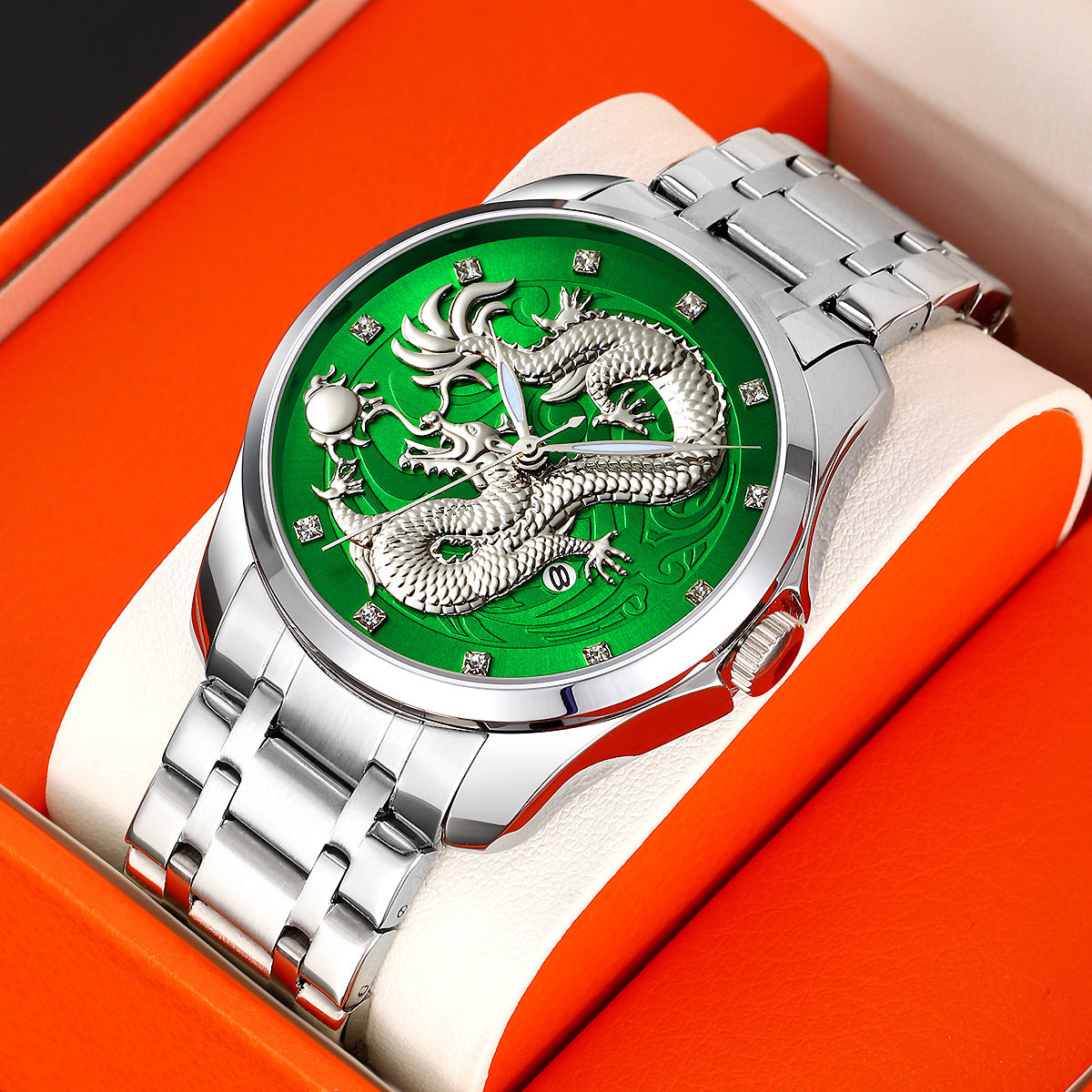 Mens Dragon Embossed Quartz Calendar Watch