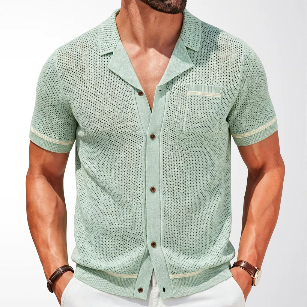 Cross-Border Men's Casual Style Cuban Collar Knitted Top Short-Sleeved Hollow Breathable Cardigan Polo Shirt Sy0103